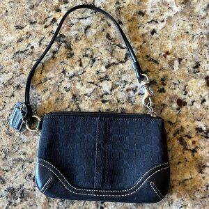 Coach Signature mini jacquard wristlet leather purse. Black with white stitching